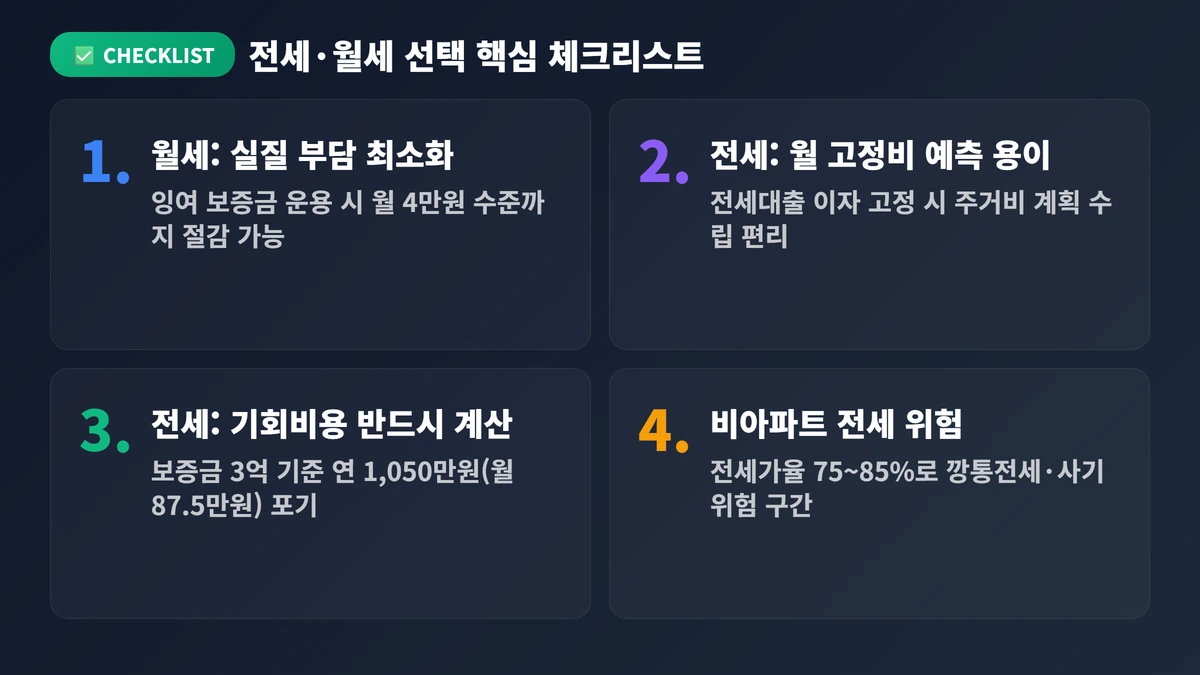 전세 vs 월세 비교 장단점 2026: 금리·시장 변화로 달라진 손익 완전 분석 4 전세·월세 선택 핵심 체크리스트