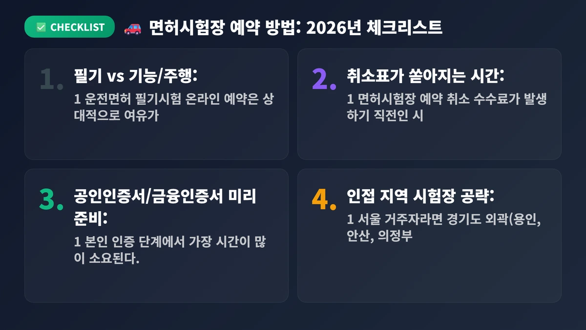 면허시험장 예약 방법: 2026년 1분 컷 성공하는 3가지 현실 꿀팁 4 🚗 면허시험장 예약 방법: 2026년 1분 컷 성공하는 3가지 현실 꿀팁 체크리스트