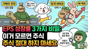 EPS 성장률의 3가지 비밀과 기업의 성적표를 분석하는 썸네일. 성장이 멈춘 거북이 전자와 달리, 주당순이익 계산 결과 2배 폭등한 토끼 바이오가 로켓을 타고 날아가는 모습. 이를 통해 저평가 우량주를 발굴하고 주식 용어 정리의 중요성을 강조하는 투유단과 덕팔이 캐릭터 일러스트.