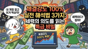 체결강도 100% 돌파 시 세력의 숨은 의도를 파악하는 실전 체결강도 보는법 3가지를 담은 썸네일. 500% 폭발 차트를 타고 떡상을 기대하며 서핑하는 덕팔이와, 그림자 속에 숨은 세력을 돋보기로 찾아내며 주식 체결강도 의미를 분석하는 투유단 캐릭터 일러스트.