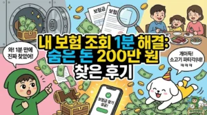 내 보험 조회 1분 해결 썸네일. 내 보험 조회를 통해 숨은 보험금 찾기에 성공해 200만 원을 찾은 투유단. 내 보험 다모아를 활용한 내 보험 조회로 복잡한 보험 가입 내역 조회를 한 번에 끝내는 모습. 내 보험 조회 결과 발견된 휴면 보험금 덕분에 소고기 파티를 한다며 신난 덕팔이와, 실제 내 보험 조회 후기 및 내 보험 조회 꿀팁을 담은 일러스트.