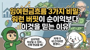 잉여현금흐름의 3가지 비밀과 워런 버핏 투자법의 핵심인 FCF를 완벽하게 정리한 썸네일. 현금흐름표를 통해 정확한 기업 가치 평가를 해야 한다고 강조하는 투유단. 순이익보다 중요한 진짜 현금을 보며 저게 다 내 간식비였으면 좋겠다고 상상하는 덕팔이 캐릭터 일러스트. 부채비율 유보율