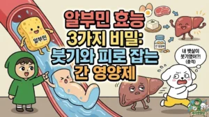 알부민 효능 3가지 비밀과 붓기, 피로를 한 번에 잡는 간 영양제로서의 역할을 설명하는 썸네일. 내 뱃살이 살이 아니라 붓기였다는 사실에 충격받아 도망가는 덕팔이와, 건강해진 간 캐릭터를 보여주며 알부민의 중요성을 강조하는 투유단 일러스트. 음식물 과민증 검사 비용 및 실비 보