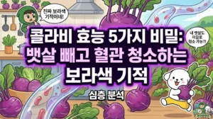 콜라비 효능 5가지 비밀을 통해 뱃살을 빼고 혈관 청소까지 하는 보라색 기적을 담은 썸네일. 최고의 다이어트 음식이라며 커다란 콜라비를 들고 신나게 뛰는 덕팔이와, 건강 비결을 설명하는 투유단 캐릭터 일러스트. 음식물 과민증 검사 비용 및 실비 보