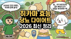 2026년 다이어트와 당뇨에 좋은 히카마 효능 총정리 썸네일. 멕시코 감자 또는 얌빈이라 불리는 작물 밭에서 성분을 설명하는 투유단. 아삭한 배 맛이 나는 히카마 먹는법을 체험하다가, 껍질에 독성이 있다는 히카마 부작용 경고를 듣고 깜짝 놀라 껍질을 뱉어내려는 덕팔이 캐릭터 일러스트. 음식물 과민증 검사 비용 및 실비 보