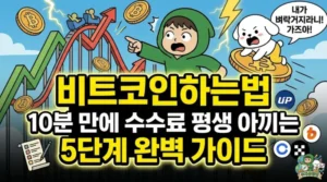 롤러코스터 같은 장세 속에서 가상화폐투자를 시작하는 초보를 위해 10분 만에 끝내는 비트코인하는법 5단계 가이드를 담은 썸네일. 수수료 폭탄을 피하고 벼락부자를 꿈꾸며 코인에 올라탄 덕팔이와 상승 차트를 가리키는 투유단 캐릭터 일러스트. 코인팝 구글플레이 차단 해결법 3가지