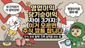 영업이익 당기순이익의 결정적 차이 3가지를 분석하여 주식 초보 용어를 완벽하게 정리한 썸네일. 겉만 번지르르한 순이익에 속아 간식비가 다 날아가고 깡통을 찬 덕팔이. 반면 기업 실적 분석의 핵심은 영업이익이라며, 흑자 부도의 함정을 피하는 법을 알려주는 투유단 캐릭터 일러스트. 컨센서스 확인하는 법 3가지