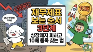 재무제표 보는 순서 3단계를 완벽하게 익혀 주식 투자 기초를 마스터하는 썸네일. 손익계산서, 재무상태표, 현금흐름표를 놓쳐 흑자 부도와 상장폐지 위기에서 탈출하는 덕팔이. 반면 기업 성적표를 정석대로 분석해 10배 상승할 대박 종목을 발굴하고 기뻐하는 투유단 캐릭터 비교 일러스트. 컨센서스 확인하는 법 3가지