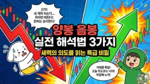 세력의 의도를 파악하는 양봉 음봉 실전 해석법 3가지를 담은 썸네일. 급등하는 초록색 화살표를 타고 환호하는 투유단과 하락하는 빨간색 화살표에 매달려 존버를 외치는 덕팔이 캐릭터를 통해, 기초적인 주식 캔들 보는법의 중요성을 강조하는 일러스트.