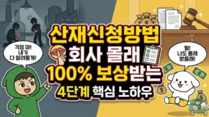 산재신청방법 회사 몰래 100% 보상받는 4단계 핵심 노하우 산재신청방법 4단계 핵심 노하우를 통해 회사 눈치 안 보고 산재 승인을 받아 100% 보상을 쟁취하는 비법을 담은 썸네일. 떳떳하게 업무상재해신청을 하고 돈다발 위에서 안심하며 기뻐하는 덕팔이와, 권리를 찾는 방법을 알려주는 투유단 캐릭터 일러스트.