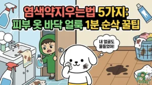 염색약지우는법 5가지: 피부 옷 바닥 얼룩 1분 순삭 꿀팁 염색약지우는법 5가지 꿀팁을 총정리한 썸네일. 셀프 염색을 하다가 얼굴 범벅이 되어 피부 염색약 지우기가 시급한 덕팔이. 실수로 튄 옷에 묻은 염색약과 잘 안 지워지는 장판 염색약 얼룩까지 1분 만에 해결하는 방법을 고민하는 투유단 일러스트.