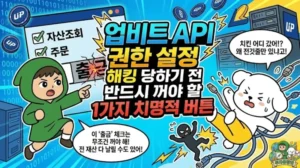업비트 API 권한 설정 해킹 당하기 전 반드시 꺼야 할 1가지 치명적 버튼 전 재산을 날릴 수 있는 치명적인 실수인 업비트 API 권한 설정과 완벽한 코인 해킹 방지 비결 1가지를 담은 썸네일. '출금' 버튼 체크의 위험성을 강력하게 경고하는 무릎 기장의 초록색 후드 로브를 입은 소년 투유단과, 코인을 다 털리고 충격에 빠져 공중에서 발버둥 치는 노란 바지의 하얀 솜털 강아지 덕팔이 일러스트.