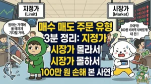 매수 매도 주문 유형의 핵심 차이를 3분 만에 완벽 정리한 썸네일. 낚싯대를 드리우고 지정가 주문이 체결되길 여유롭게 기다리며 주식 호가창을 살피는 투유단. 반면 성격 급하게 시장가 주문을 냈다가 비싸게 체결되어 돈을 날린 덕팔이를 통해, 올바른 주식 주문 방법과 현명한 주식 사는법을 비교 설명하는 일러스트.