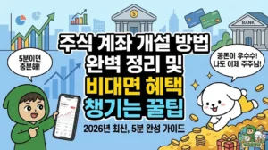 주식 계좌 개설 방법과 2026년 최신 혜택을 정리한 썸네일. 5분 만에 끝나는 비대면 주식 계좌 개설을 완료하고 스마트폰을 보여주는 투유단. 증권사 계좌 개설 이벤트 지원금에 신나서 금화 위를 구르는 덕팔이와, 초보자를 위한 증권 계좌 만들기 및 주식 사는법 꿀팁 가이드.