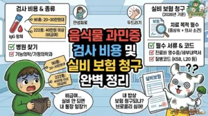 만성 피로 원인과 피부 두드러기를 해결하기 위한 음식물 과민증 검사 가이드 썸네일. 90종 20~30만원대, 222종 40만원 이상인 지연성 알러지 검사 비용 부담에 지갑을 걱정하는 투유단과, 음식물 과민증 검사 실비 청구 조건(치료 목적, 질병코드 K58/L20)을 확인하며 어지러워하는 덕팔이. IgG 검사 병원(기능의학) 찾기 팁과 비급여 항목을 설명하는 인포그래픽. 히카마 효능 당뇨 다이어트 2026