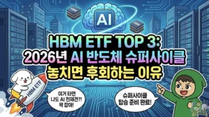 HBM ETF TOP 3 추천 정보와 2026년 AI 반도체 수혜주 슈퍼사이클 전망을 담은 썸네일. HBM 반도체 로켓에 올라타 "나도 AI 천재"를 외치며 우주로 날아가는 덕팔이. 지금이 투자 적기임을 강조하며 SK하이닉스 주가 상승세에 탑승하라고 손짓하는 투유단 캐릭터 일러스트. 천스닥 시대의 승자는? 코스닥 ETF