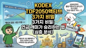 KODEX TDF2050액티브의 3가지 비밀과 연금 개미 필승 전략을 담은 썸네일. 은퇴 시점에 맞춰 자산 비중을 조절하는 글라이드 패스 그래프를 설명하는 투유단. 연금저축 ETF 로켓을 타고 날아가며 꿀잠 자면서도 돈을 버는 TDF ETF 추천 상품의 장점을 표현한 덕팔이 일러스트. 천스닥 시대의 승자는? 코스닥 ETF
