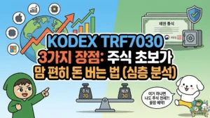 KODEX TRF7030의 3가지 장점을 분석하여 주식 초보에게 TRF ETF 추천을 제안하는 썸네일. 주식 70 대 채권 30의 황금 비율 저울을 보여주며, 마음 편한 자산배분 ETF 투자로 꿀잠을 예약하는 덕팔이와 투유단 일러스트. 천스닥 시대의 승자는? 코스닥 ETF