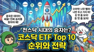 코스닥etf top 10 순위와 전략을 담은 2026년 코스닥 전망 썸네일. 1100 천스닥 로켓을 타고 코스닥 상장지수펀드 수익률 대박을 꿈꾸는 덕팔이와, 진짜 승자를 찾아야 한다고 강조하는 투유단 캐릭터 일러스트.