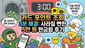 카드 포인트 조회 3분 해결 꿀팁과 실제 후기를 담은 썸네일. 여신금융협회 사이트와 카드포인트 통합조회 시스템을 활용해 나도 몰랐던 숨은 돈을 찾아내고 놀란 투유단. 사라질 뻔한 포인트를 모아 포인트 현금화에 성공한 뒤, 공짜 치킨 파티를 즐기는 덕팔이 캐릭터 일러스트.