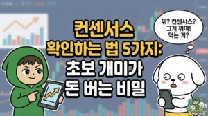 컨센서스 확인하는 법 5가지를 통해 초보 개미가 돈 버는 비밀을 담은 썸네일. 시장 전망치가 먹는 거냐며 어리둥절해하는 덕팔이. 반면 기업 실적 분석을 통해 어닝 서프라이즈 가능성과 목표 주가를 꼼꼼히 체크하여 성공 투자의 길을 알려주는 투유단 캐릭터 일러스트.
