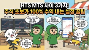 HTS MTS 차이 3가지를 완벽 비교하여 주식 초보 꿀팁을 전수하는 썸네일. 복잡한 PC 화면에 어지러워하는 덕팔이와 달리, 증권사 어플 추천을 통해 언제 어디서나 쉬운 주식 사는법을 알려주는 투유단. 벤치에 누워 치킨을 뜯으며 모바일로 편하게 매매하는 여유로운 모습 비교 일러스트.