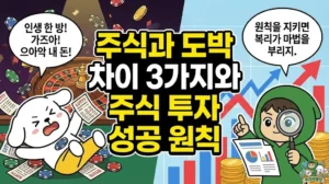 주식과 도박 차이 3가지와 복리의 마법을 만드는 주식 투자 성공 원칙 썸네일. 인생 한 방을 외치는 도박 심리 주식 매매로 룰렛 앞에서 돈을 잃고 절규하는 덕팔이. 반면 원칙을 지키며 우상향 그래프를 가리키는 투유단 캐릭터 일러스트.