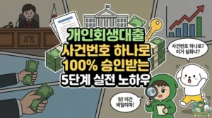 개인회생대출의 첫걸음인 사건번호 대출부터 개시결정 대출, 그리고 가장 든든한 개인회생 인가후 대출까지 100% 승인받는 5단계 실전 노하우 썸네일. 무릎 기장의 초록색 후드 로브를 입은 짧은 갈색 머리 소년 투유단이 돋보기를 들고 꿀팁을 알려주고, 뽀글거리지 않는 하얀 솜털에 노란 바지만 입은 강아지 덕팔이가 신용회복자대출의 혜택을 듣고 역동적으로 펄쩍 뛰어오르며 놀라는 일러스트.