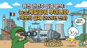 원전 관련주 심층 분석을 통해 뉴스케일파워의 루마니아 SMR 프로젝트가 왜 2026년의 잭팟인지 설명하는 썸네일. 차세대 에너지원으로 주목받는 소형모듈원자로(SMR) 앞에서 망원경으로 미래 가치를 내다보는 투유단과, 돈다발 위에서 춤추는 덕팔이 캐릭터 일러스트.