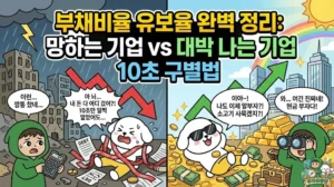 부채비율 유보율 완벽 정리를 통해 망하는 기업과 대박 나는 기업을 가르는 10초 구별법 썸네일. 기업 안정성 체크 없이 투자했다가 빚더미(DEBT)에 묶여 깡통 계좌를 차고 우는 덕팔이. 반면 재무제표 보는 법을 통해 주식 투자 기초를 다지고 현금 산더미 위에서 부자의 여유를 즐기는 투유단 캐릭터 비교 일러스트. 양봉 음봉 실전 해석법 3가지