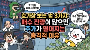 호가창 보는 법 3가지 비밀과 주식 호가창의 숨겨진 진실을 담은 썸네일. 매수 잔량 매도 잔량의 의미를 반대로 해석해 주가가 떨어지자 충격을 받고 미끄러지는 덕팔이. 반면 체결강도 분석과 주식 기초 용어 공부를 통해 세력의 심리 싸움을 꿰뚫어 보는 투유단 캐릭터 일러스트. 양봉 음봉 실전 해석법 3가지