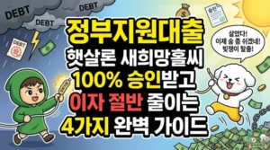 고금리 빚의 늪에서 탈출구를 찾는 분들을 위한 정부지원대출 4가지 완벽 가이드 썸네일. 구명줄을 던져 구조하는 짧은 갈색 머리에 무릎 기장의 초록색 후드 로브를 입은 투유단과, 완화된 햇살론 승인조건을 통해 빚 사슬을 끊고 역동적으로 점프하는 노란 바지를 입은 하얀 솜털 강아지 덕팔이 일러스트.