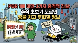 PBR 1배 미만 3가지 충격적 진실: 주식 초보가 모르면 땅을 치고 후회할 정보 PBR 1배 미만 주식의 위험성과 기회를 분석한 썸네일. 주가순자산비율이 낮아 청산가치에도 못 미치는 저평가 주식을 발견하고 좋아하다가 '가치 함정'에 빠져버린 덕팔이. 기업 밸류업 프로그램의 허와 실을 설명하며, 싸다고 덜컥 샀다간 실패 기업일 수 있음을 경고하는 투유단 캐릭터 일러스트. 주식 시장 운영 시간 및 주식 공부