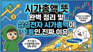 시가총액 뜻 완벽 정리와 삼성전자 시가총액이 부동의 1위인 이유를 분석한 썸네일. 주가보다 기업 가치를 정확히 보여주는 시가총액 순위의 중요성을 강조하는 투유단. 초보자를 위한 주식 용어 정리를 듣다가 삼성전자 코인 더미에 누워 행복한 비명을 지르는 덕팔이 캐릭터 일러스트. 주식 시장 운영 시간 및 주식 공부