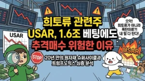 희토류 관련주 USAR, 1.6조 베팅에도 추격매수 위험한 이유 희토류 관련주인 USA Rare Earth 분석 썸네일. 트럼프 행정부 투자 1.6조 원 이슈와 20년 만의 원자재 슈퍼사이클 도래에도 불구하고, USAR 주가 추격 매수가 위험한 이유를 경고하는 투유단. 불타는 차트를 보며 털이 탈까 봐 도망가는 덕팔이 일러스트.