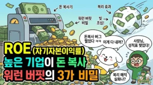 ROE (자기자본이익률)이 높은 기업이 마치 돈 복사기처럼 수익을 창출하는 원리를 담은 썸네일. 워런 버핏 투자법의 핵심인 눈덩이 복리 효과를 확인하고 놀라는 투유단. 뛰어난 자본 효율성을 가진 저평가 우량주를 찾아내어 돈더미 위에 누워 '돈 복사 버그'라며 행복해하는 덕팔이 캐릭터 일러스트. 잉여현금흐름 3가지 비밀