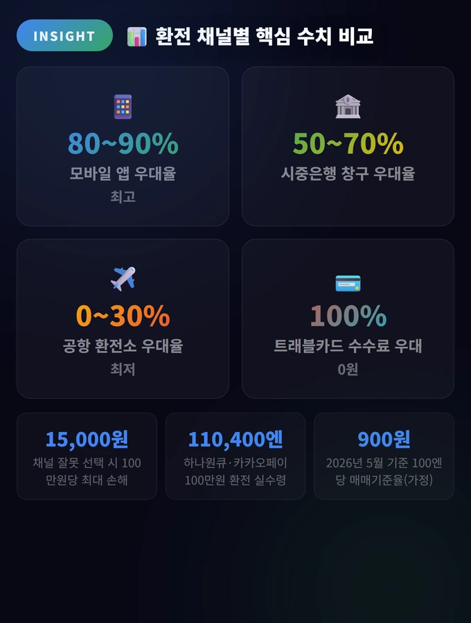 엔화환전 완벽 가이드 2026: 가장 싸게 환전하는 법 총정리 2 환전 채널별 핵심 수치 비교